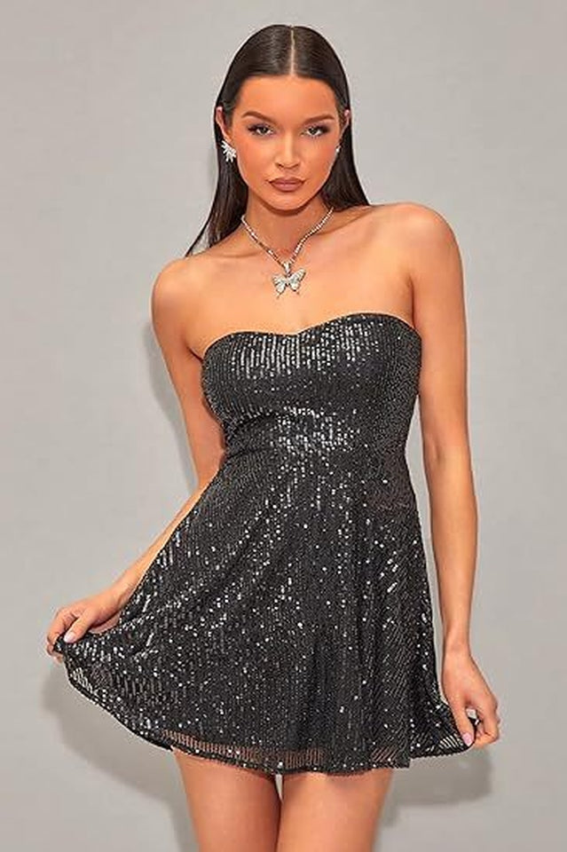 Sequin Strapless Sweetheart Fit-and-Flare Mini Dress
