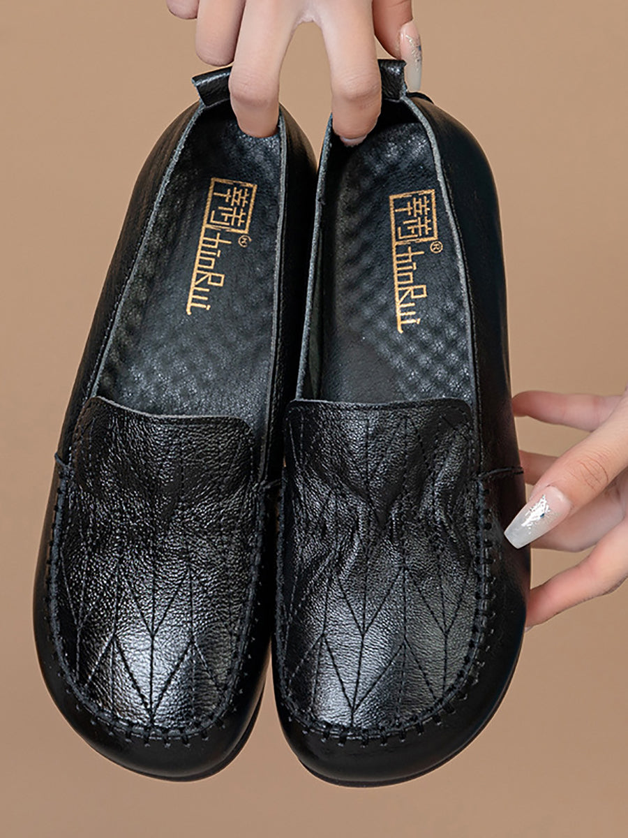 Vintage Genuine Leather Stitching Low Heel Shoes