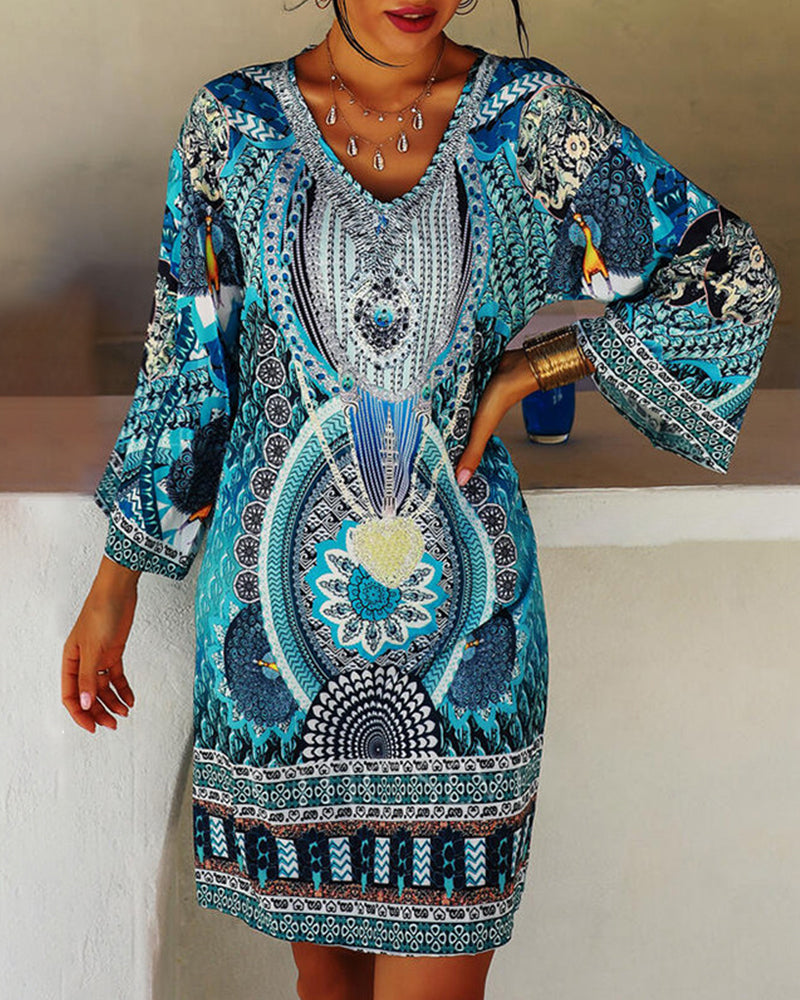 V-Neck Bell Sleeve Kaftan Peacock Print Mini Summer Dress