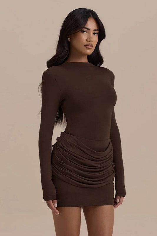 Round-Neck Long-Sleeve Ruched Bodycon Mini Dress