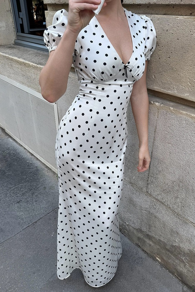 Polka Dot V-Neck Puff Sleeve Bias-Cut Maxi Dress