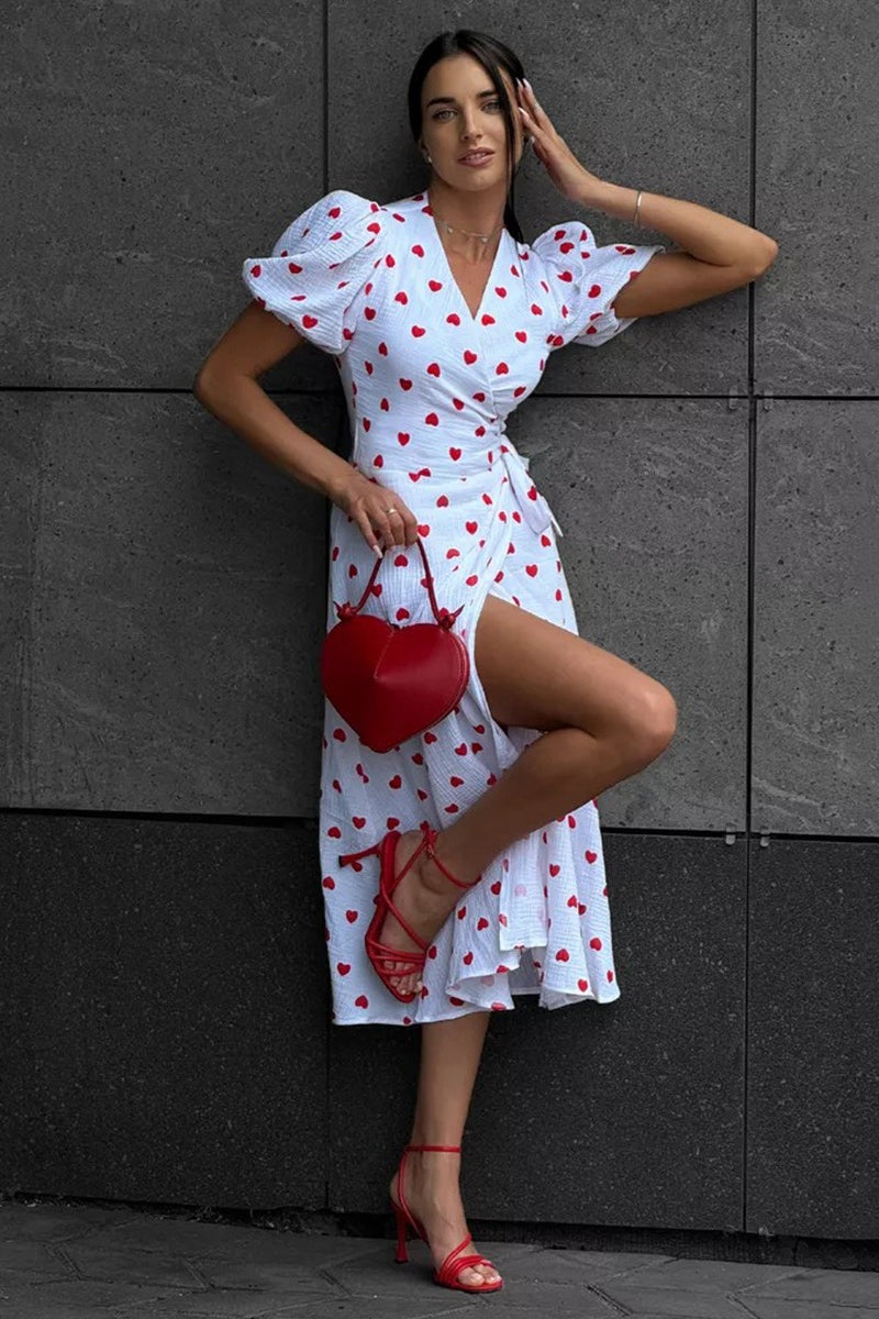 Heart Print V-Neck Puff Sleeve Wrap Maxi Dress 4