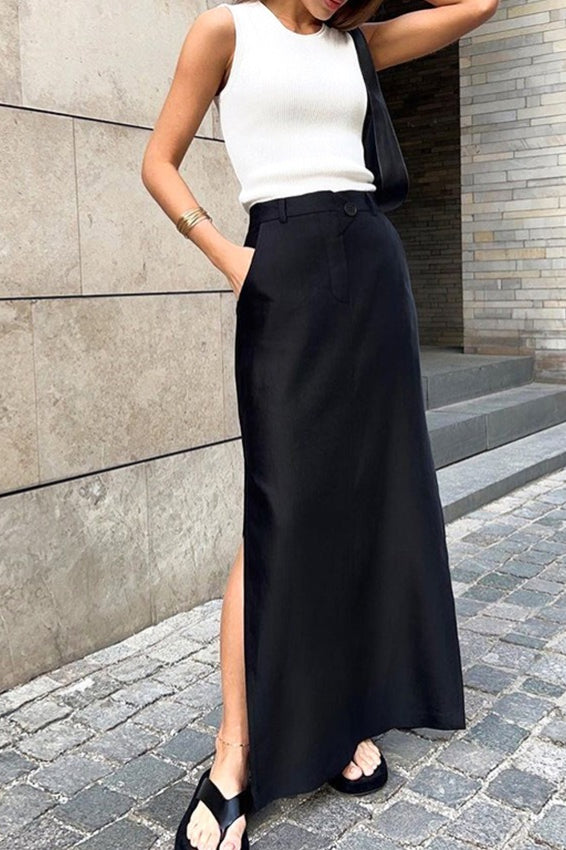 Black Satin High-Slit Skirt