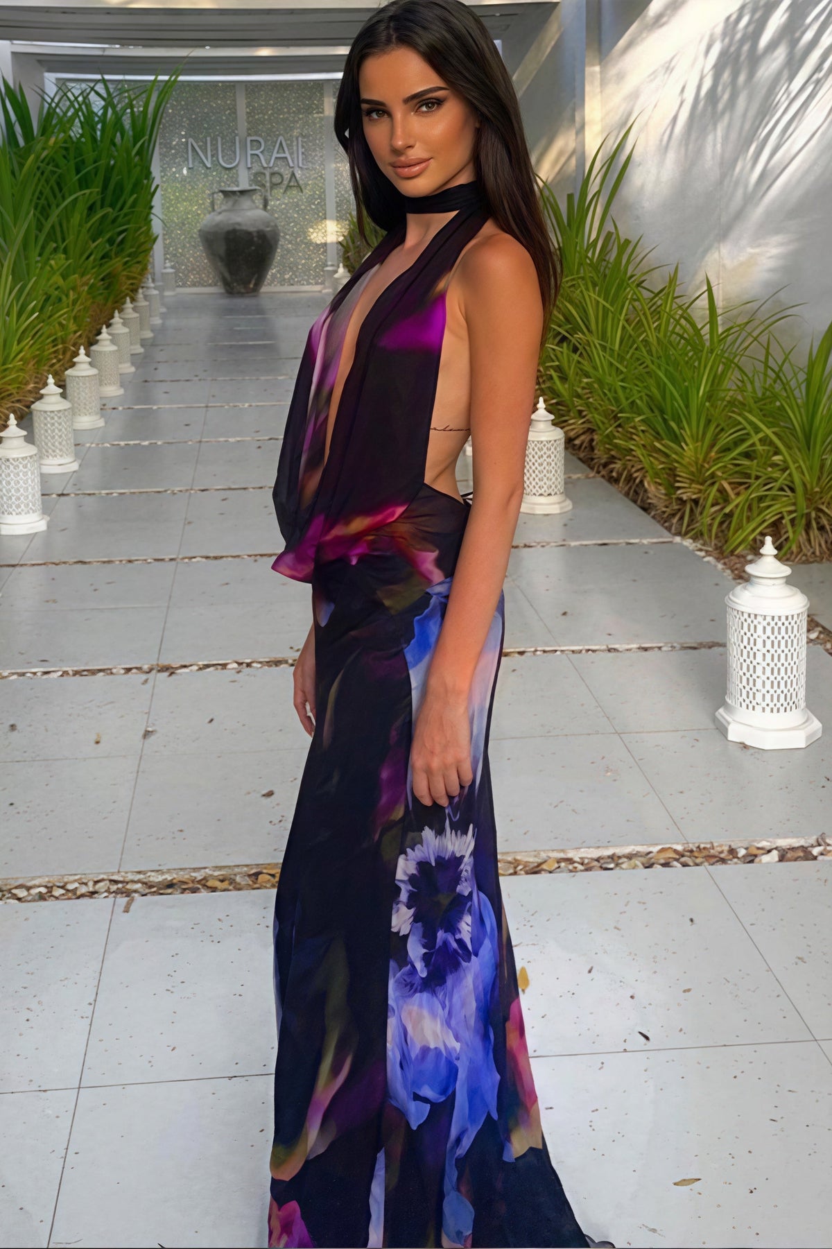 Abstract Floral Halter Neck Cowl Maxi Dress 4