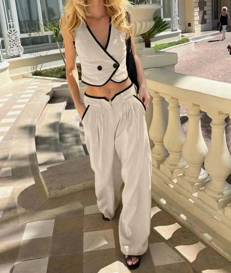 Khaki Cotton Patchwork Pockets Pants Office Two Piece Set