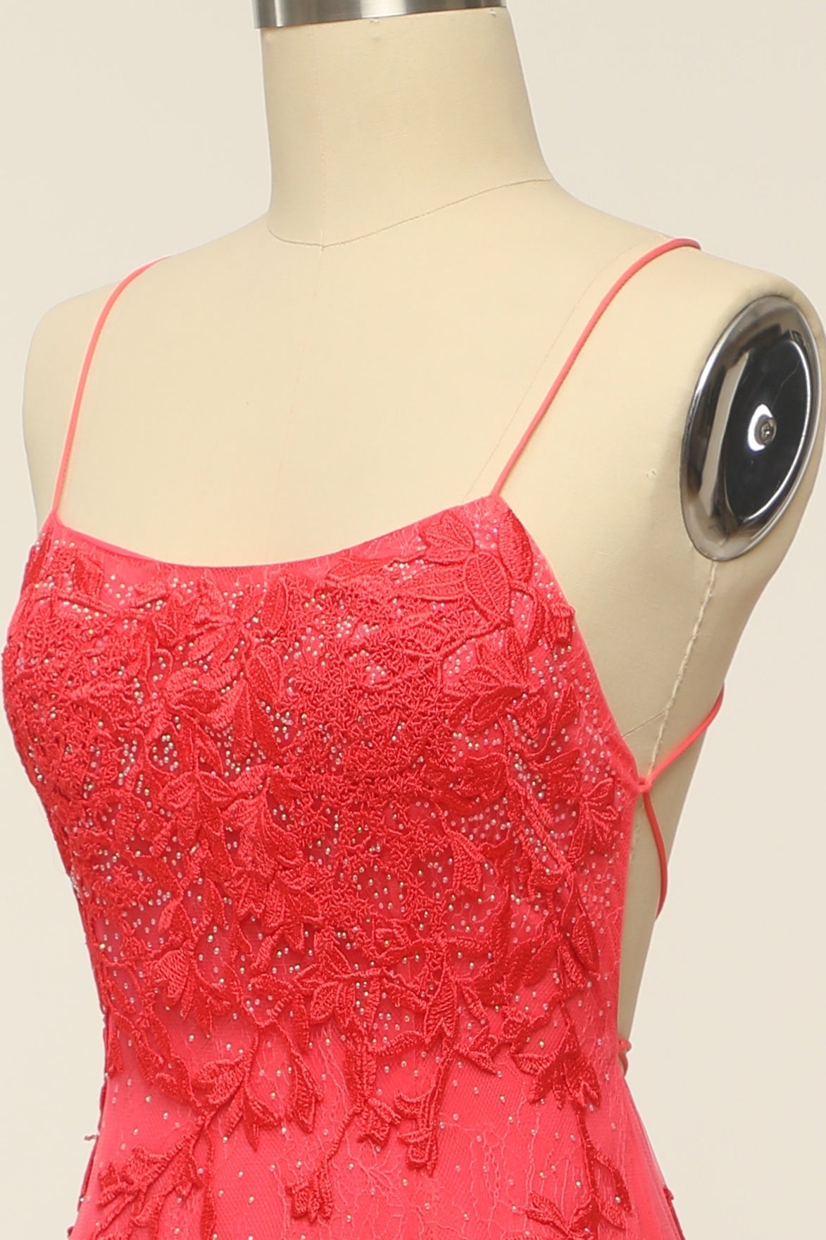 Coral Backless Long Prom Dress with Appliques - Fashionpara