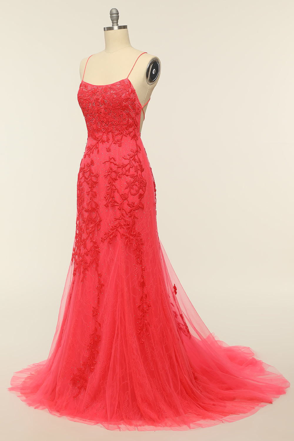 Coral Backless Long Prom Dress with Appliques - Fashionpara