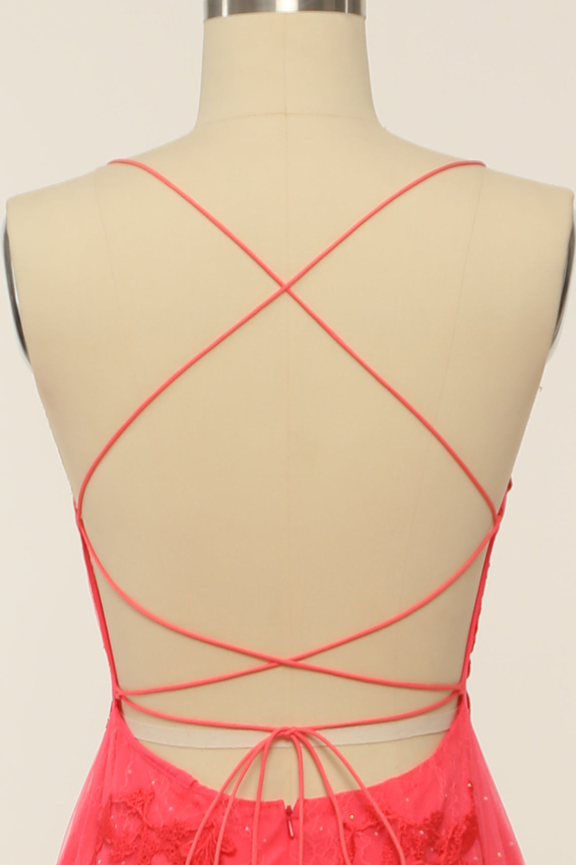 Coral Backless Long Prom Dress with Appliques - Fashionpara