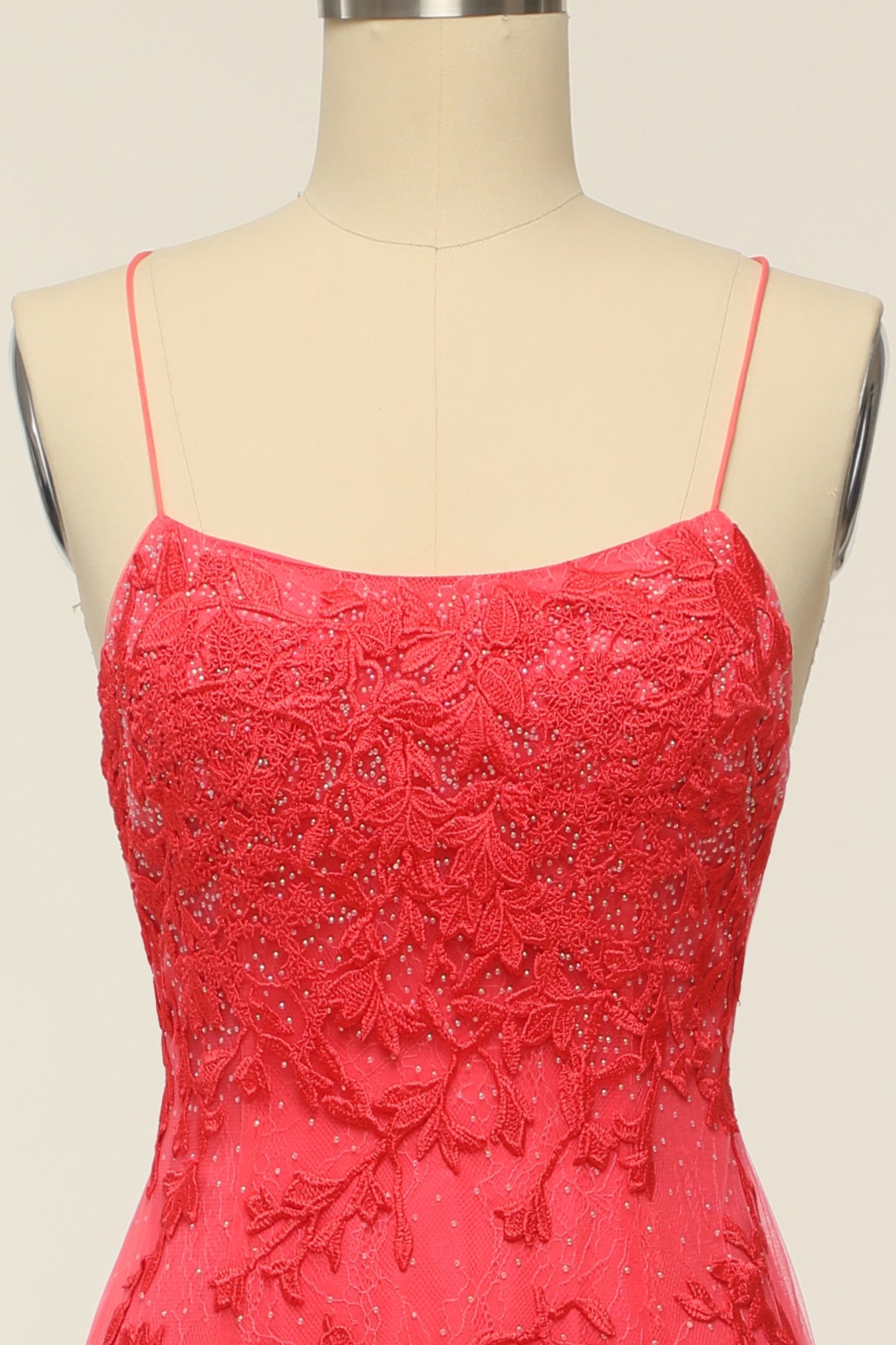 Coral Backless Long Prom Dress with Appliques - Fashionpara