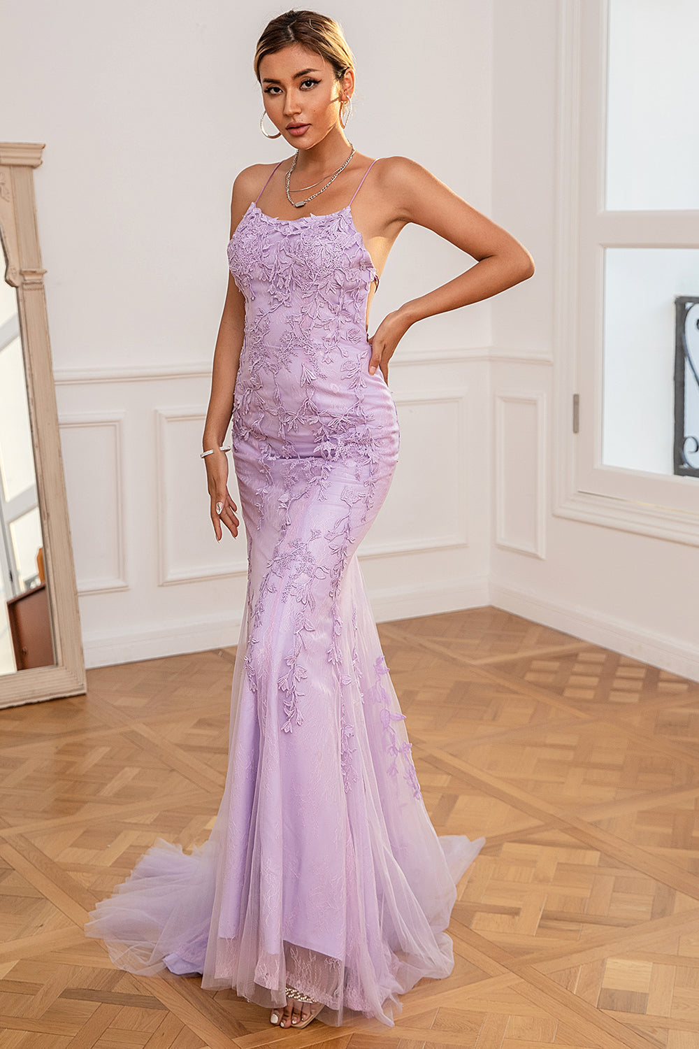 Coral Backless Long Prom Dress with Appliques - Fashionpara