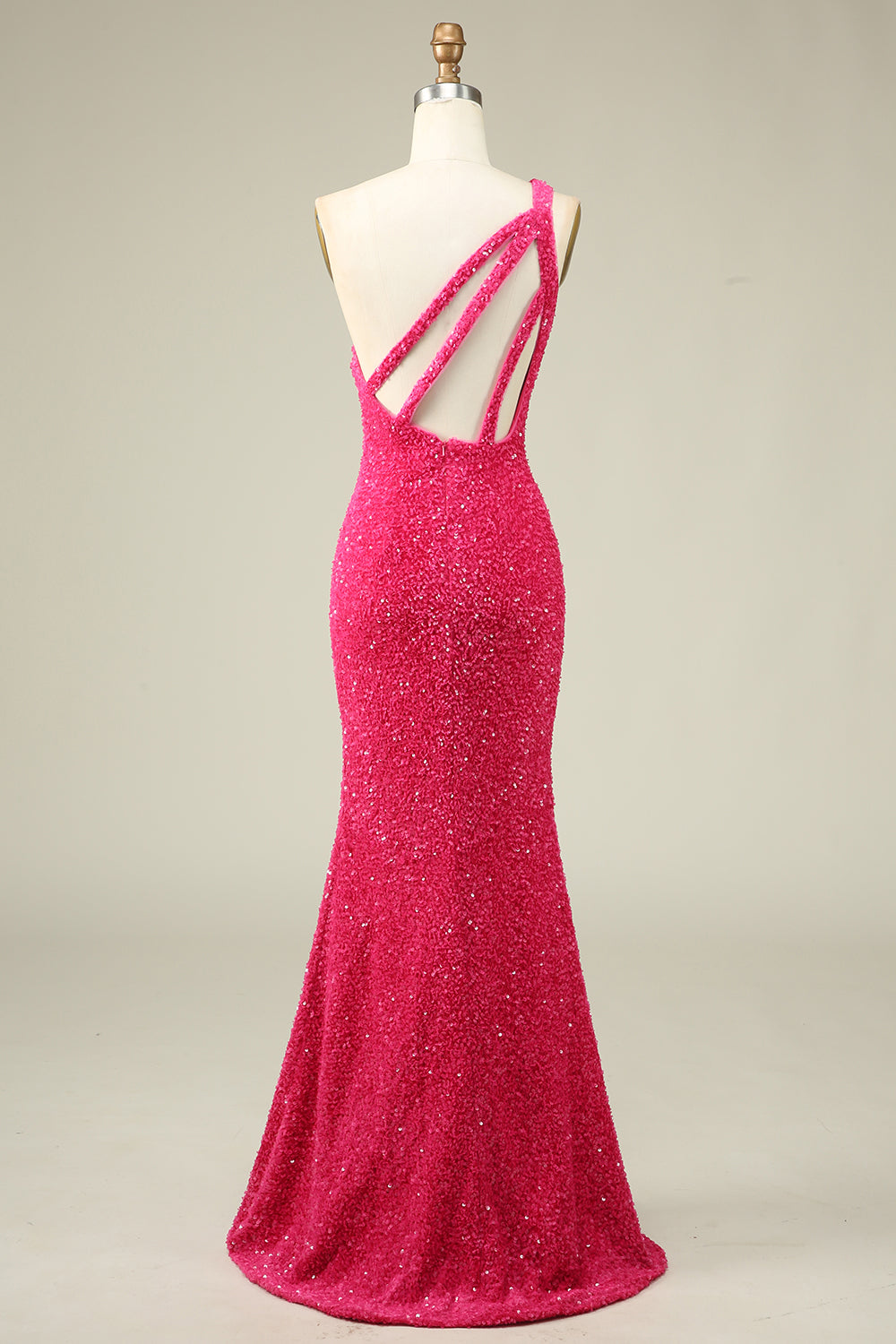 Sparkly Mermaid One Shoulder Fuchsia Sequins Long Prom Dress with Split Front