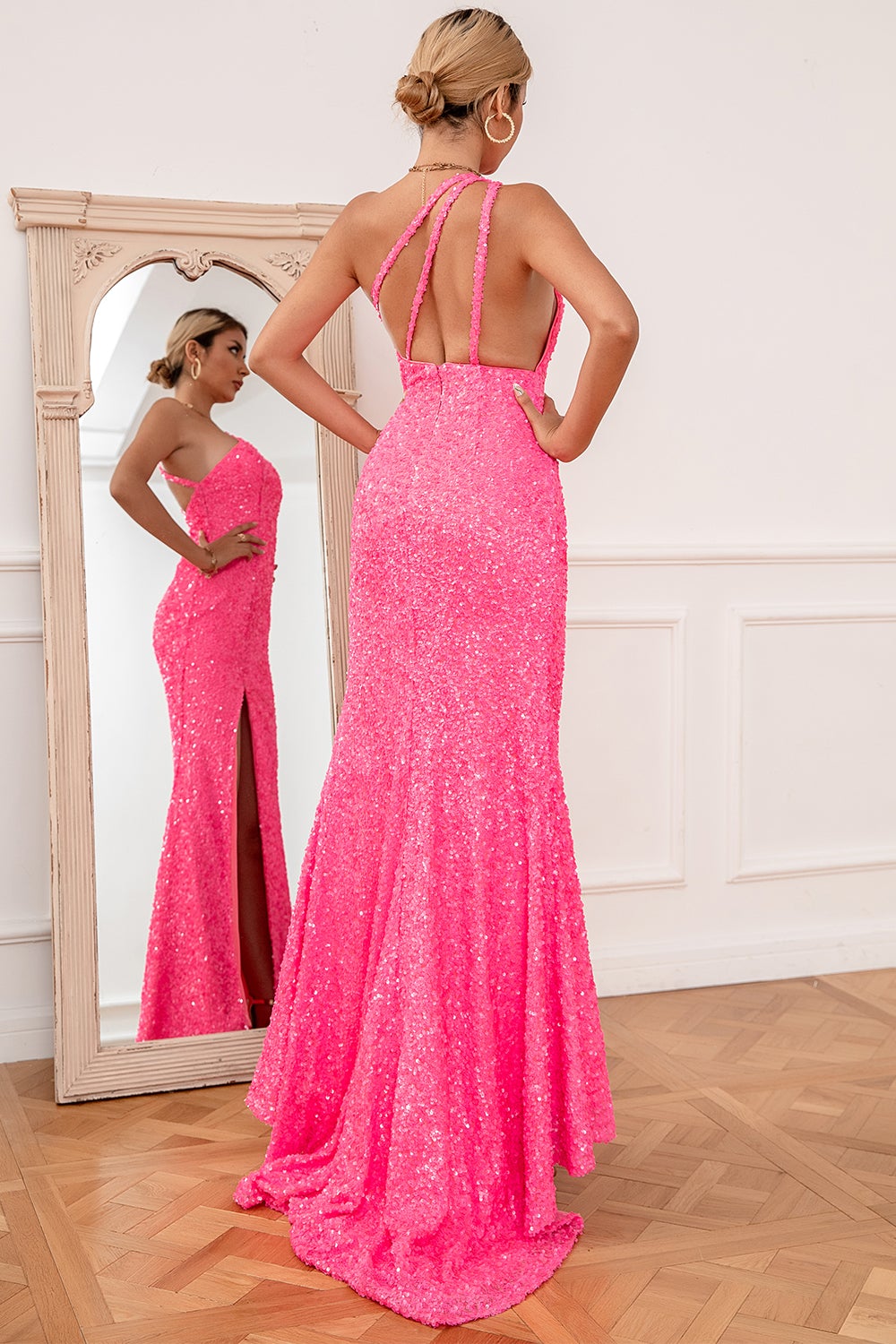 Pink Mermaid One Shoulder Sequin Prom Dress - Fashionpara