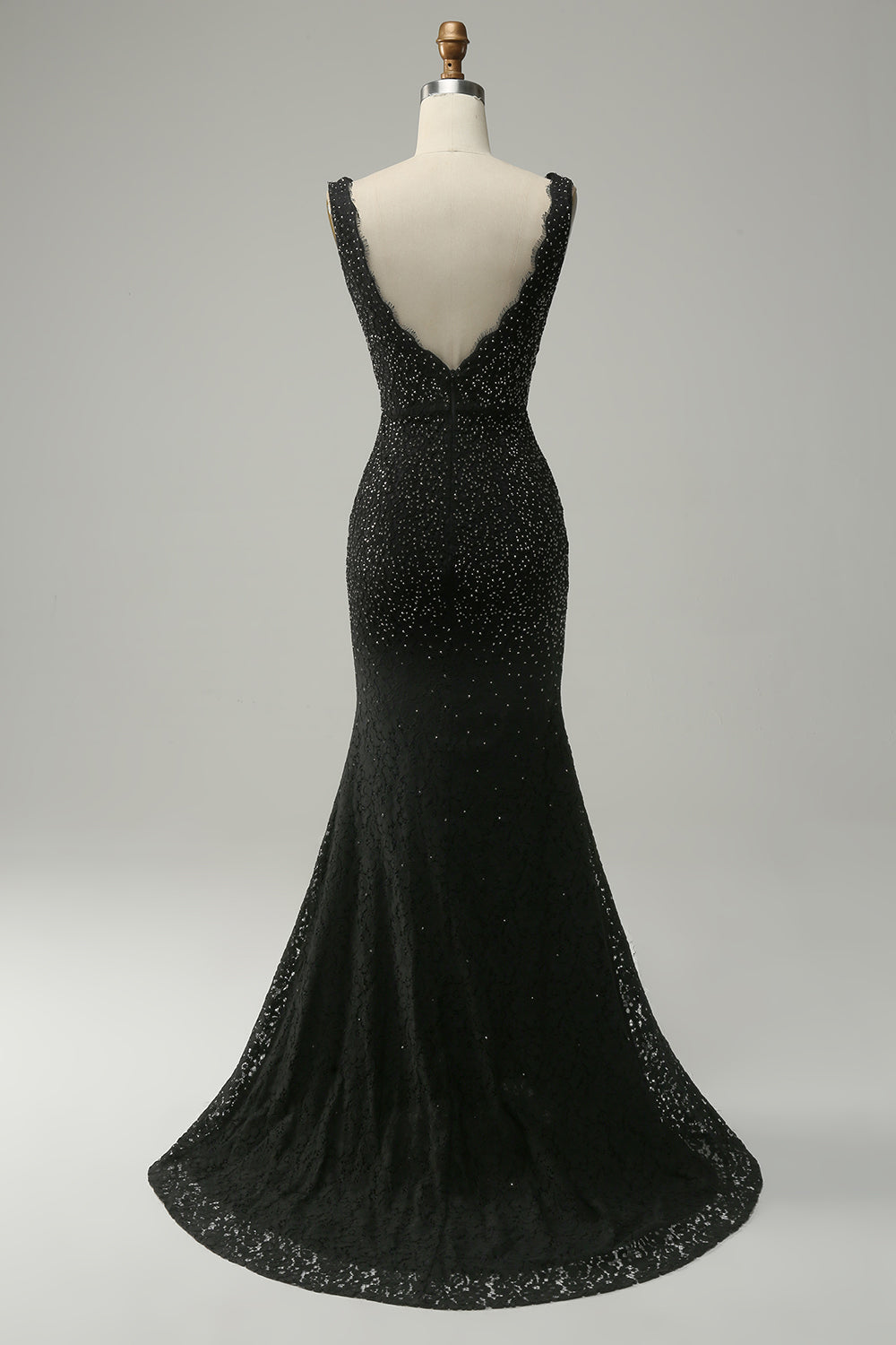 Mermaid Deep V Neck Black Lace Long Prom Dress with Beading - Fashionpara
