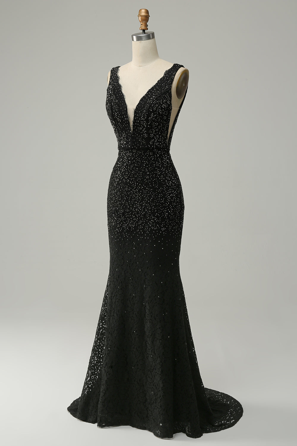 Mermaid Deep V Neck Black Lace Long Prom Dress with Beading - Fashionpara