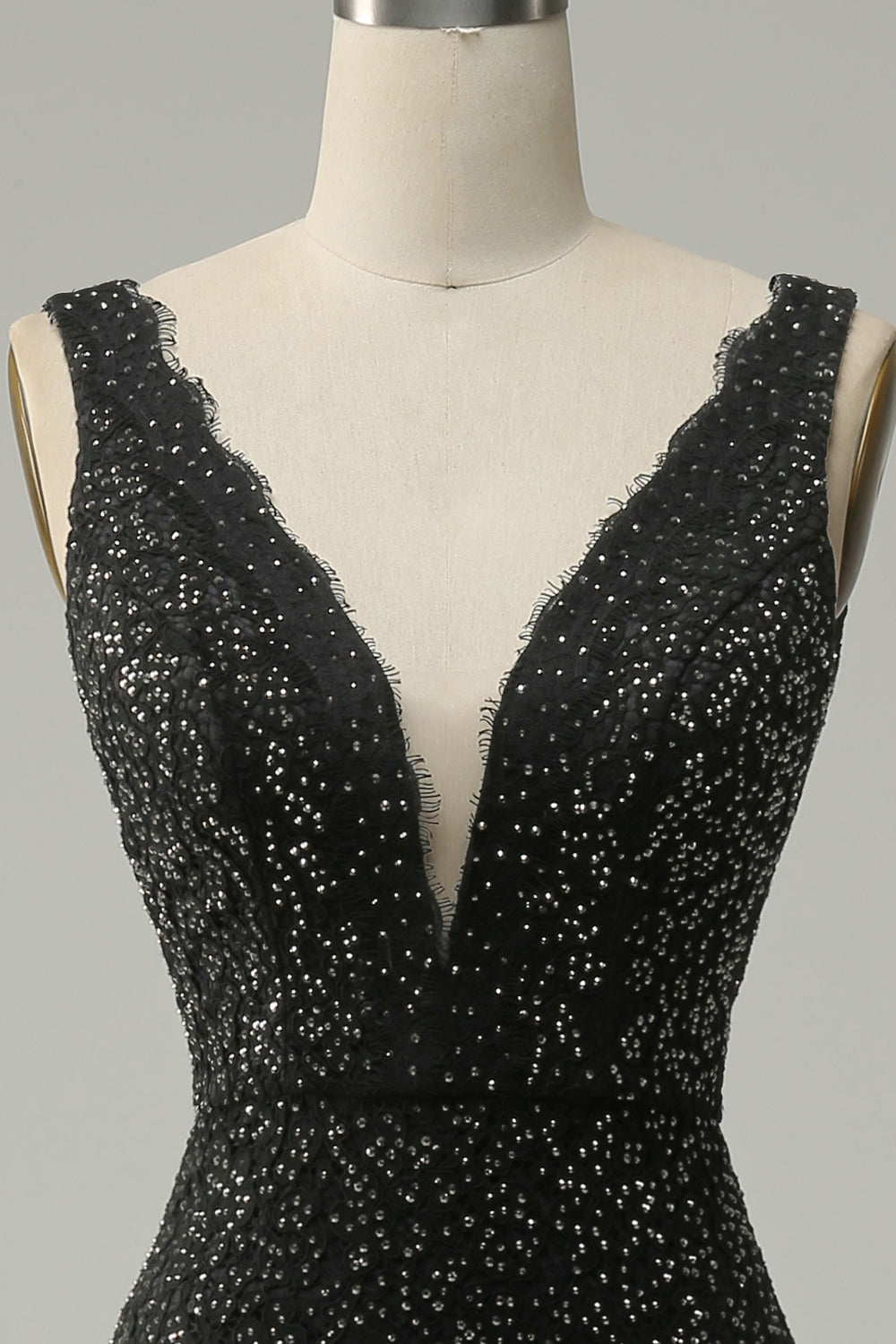 Mermaid Deep V Neck Black Lace Long Prom Dress with Beading - Fashionpara