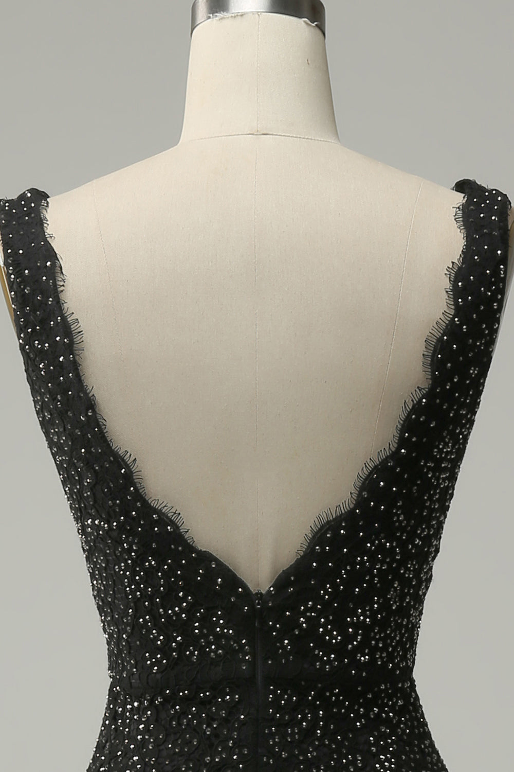 Mermaid Deep V Neck Black Lace Long Prom Dress with Beading - Fashionpara