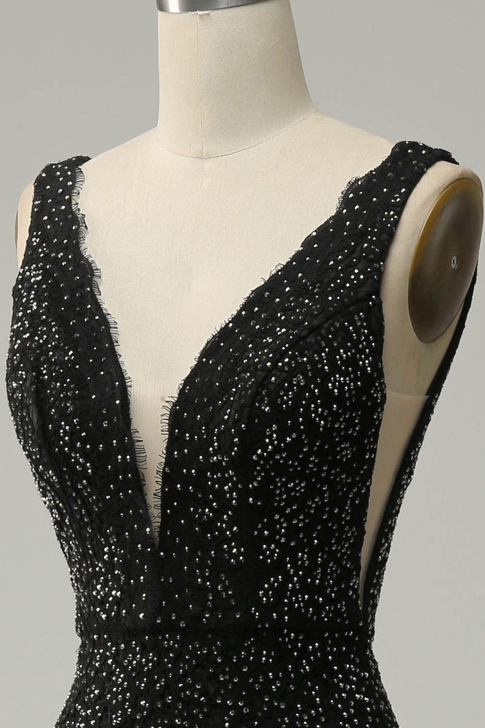 Mermaid Deep V Neck Black Lace Long Prom Dress with Beading - Fashionpara