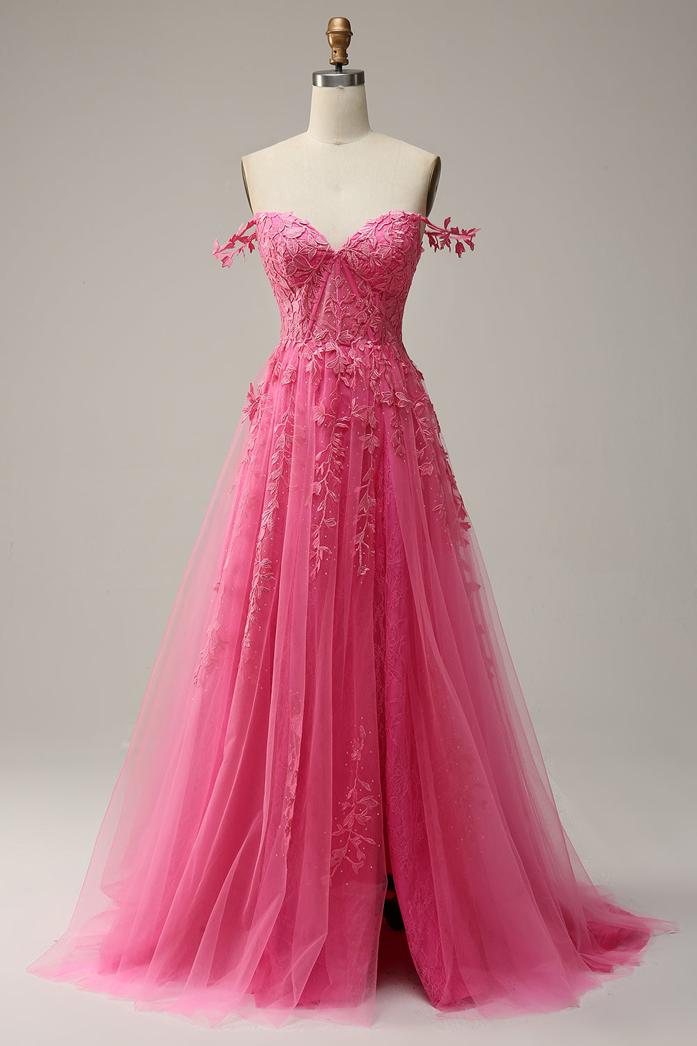 Elegant Hot Pink Off the Shoulder Lace Prom Dress with Slit Corset Tulle Ball Gown Dress