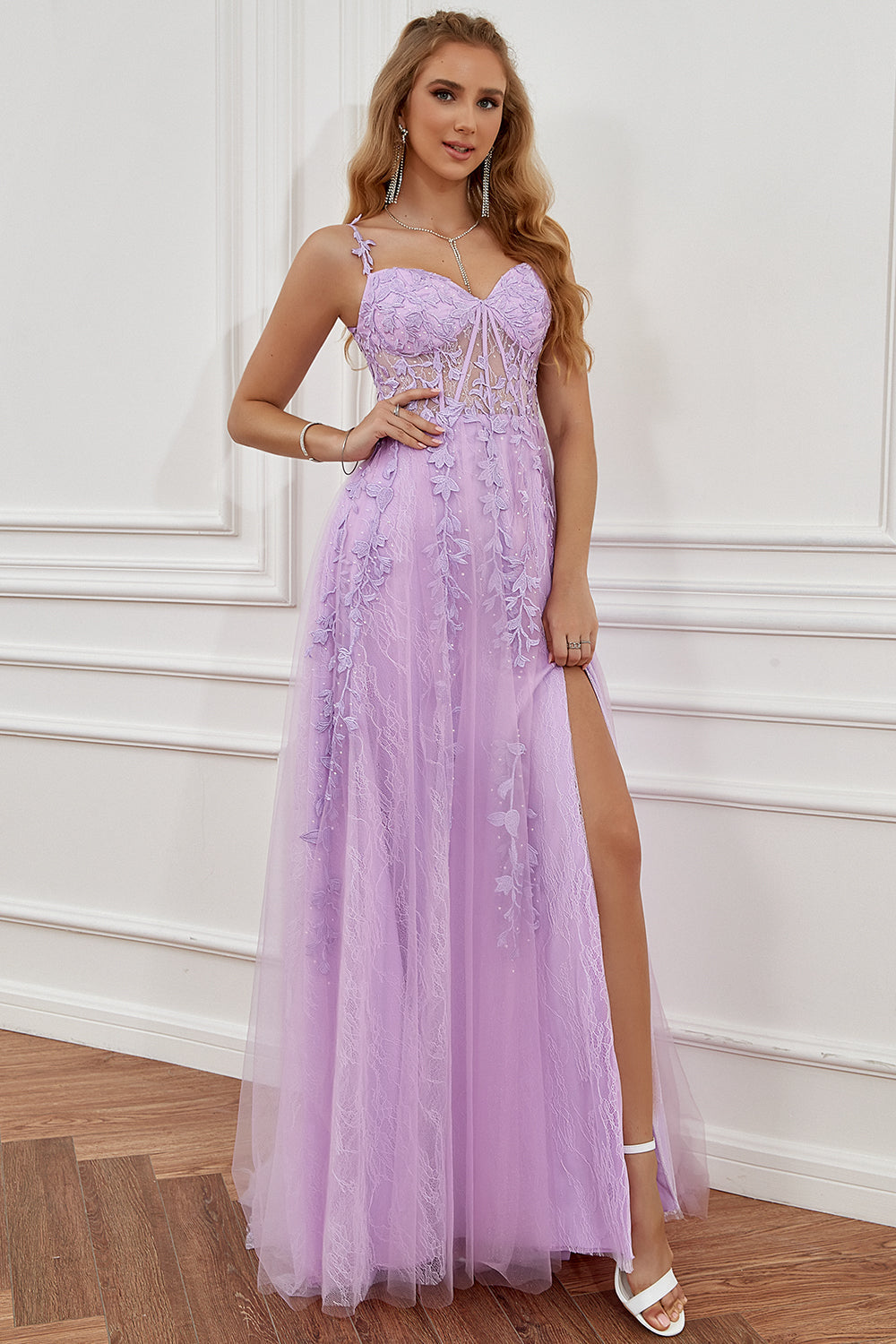 Elegant Purple Off the Shoulder Lace Prom Dress with Slit Corset Tulle Ball Gown Dress