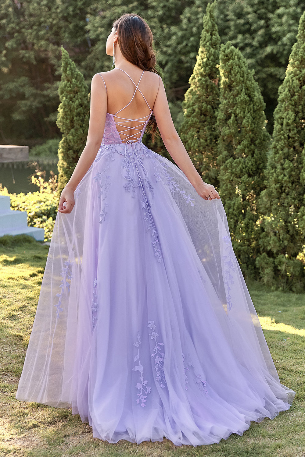 Purple Tulle Prom Dress with Appliques - Fashionpara