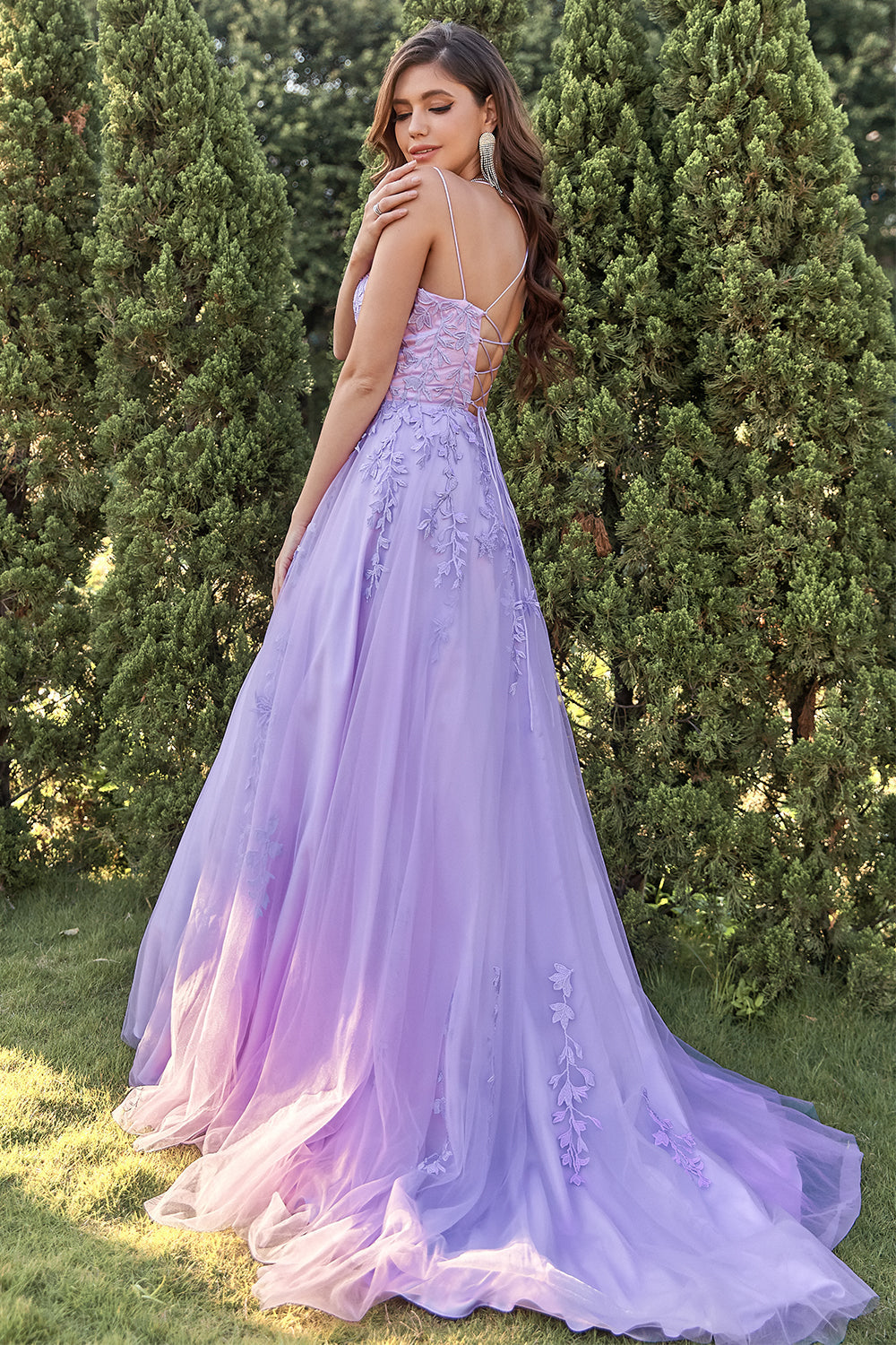 Purple Tulle Prom Dress with Appliques - Fashionpara
