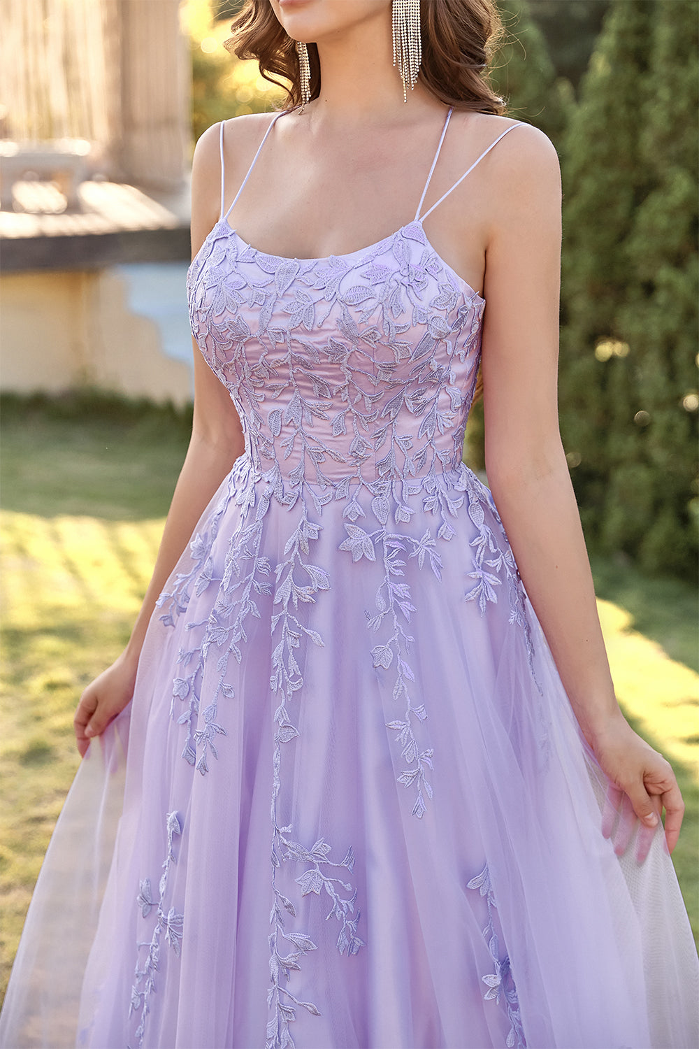 Purple Tulle Prom Dress with Appliques - Fashionpara