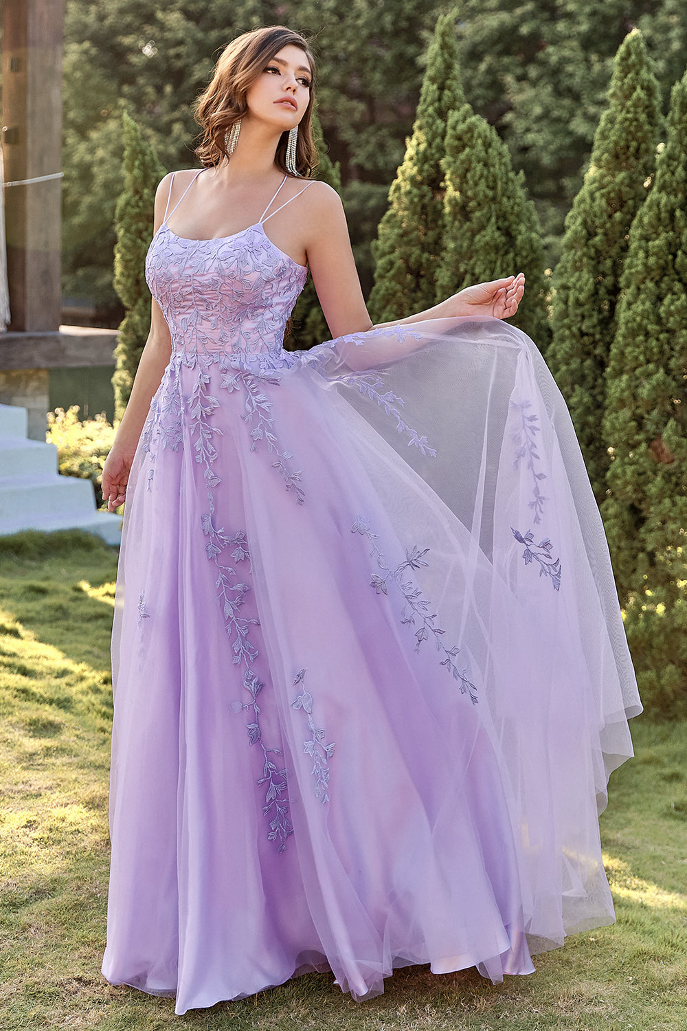 Purple Tulle Prom Dress with Appliques - Fashionpara