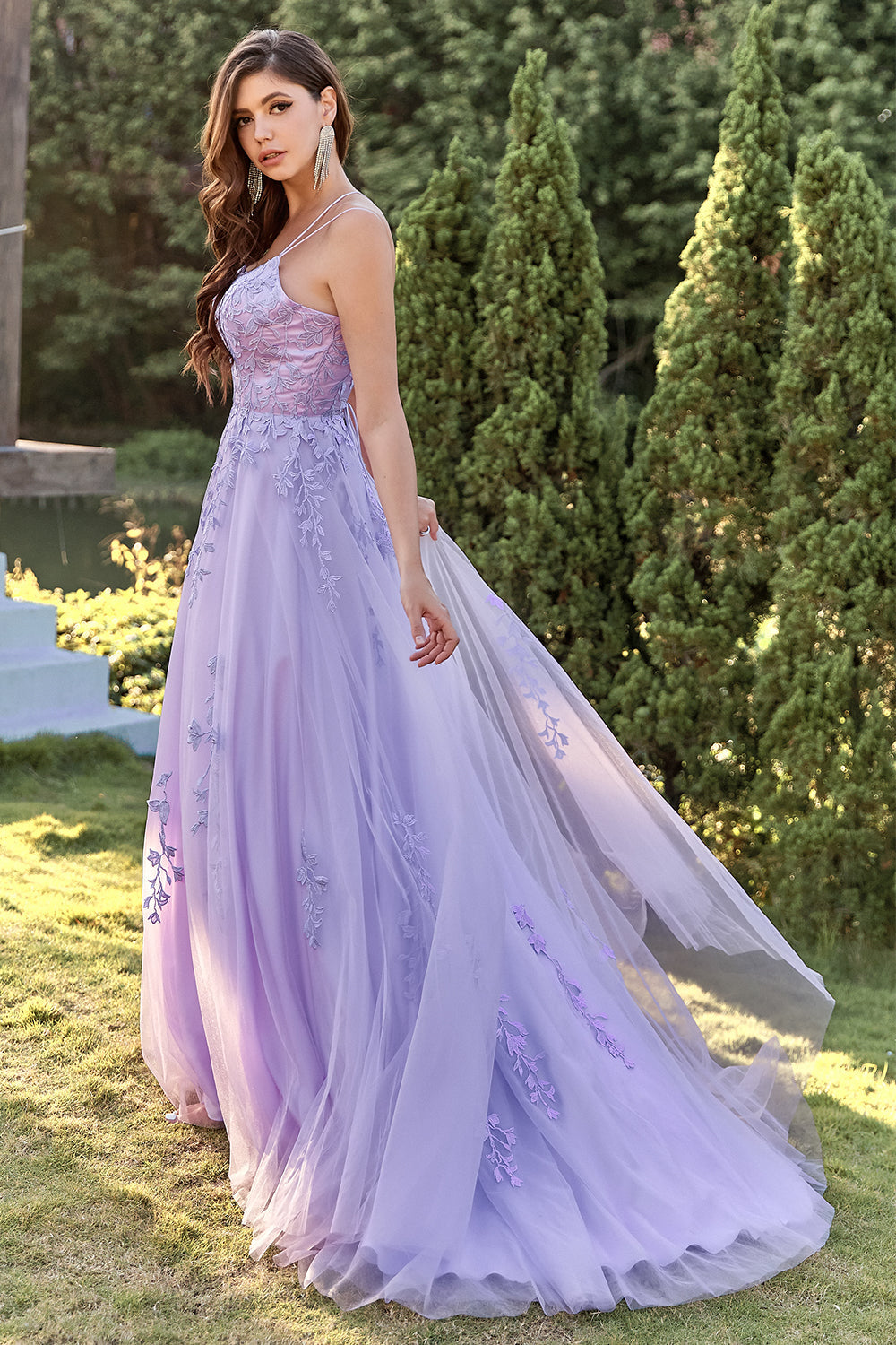 Purple Tulle Prom Dress with Appliques - Fashionpara