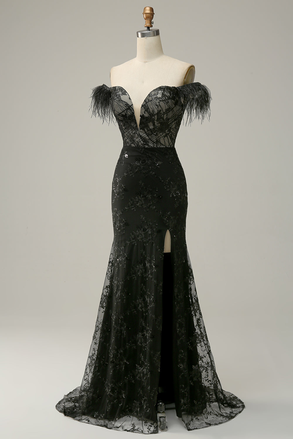 Off the Shoulder Sheath Prom Dress with Feather