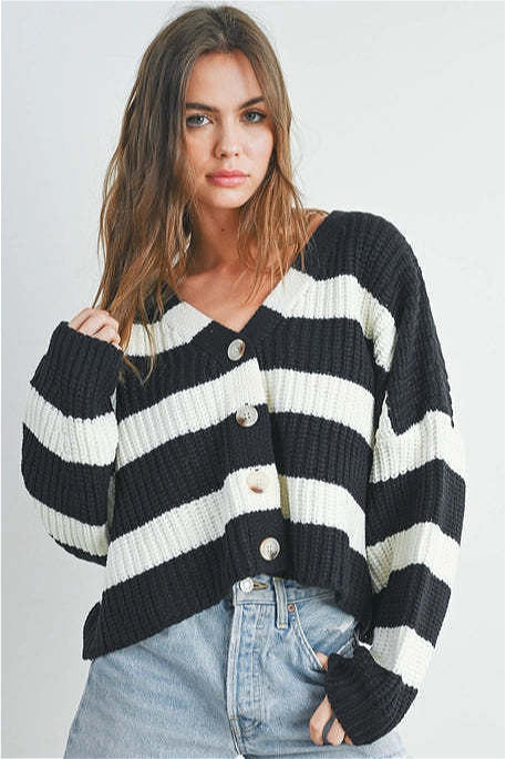 Elegant Long Sleeve V Neck Knit Cardigan with Stripes