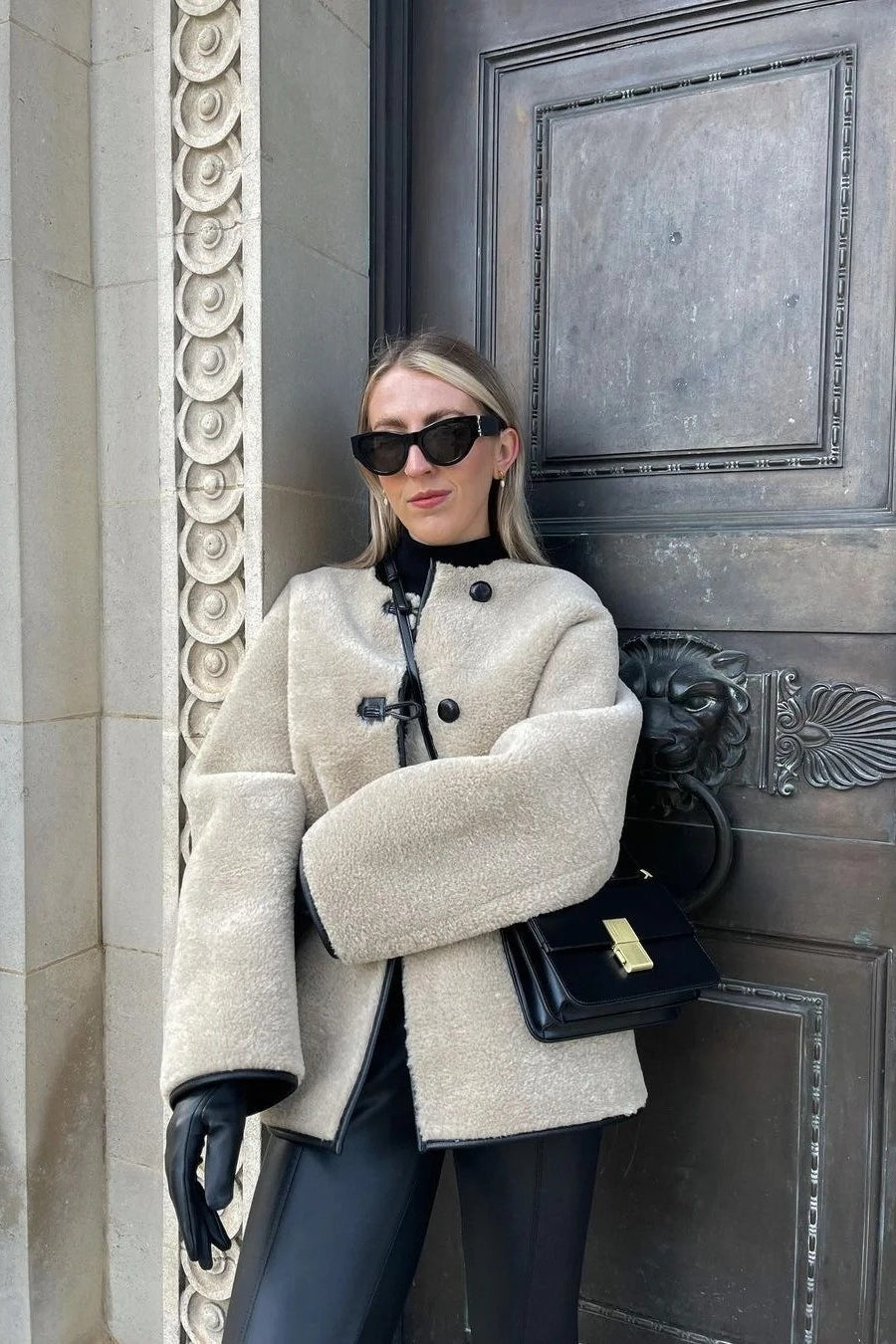 Round Neck Faux Fur Long Coat - Fashionpara