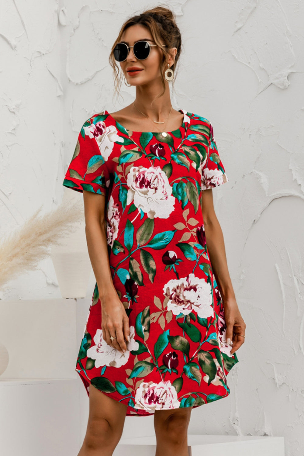 Round Neck Flower Print Dress - Fashionpara