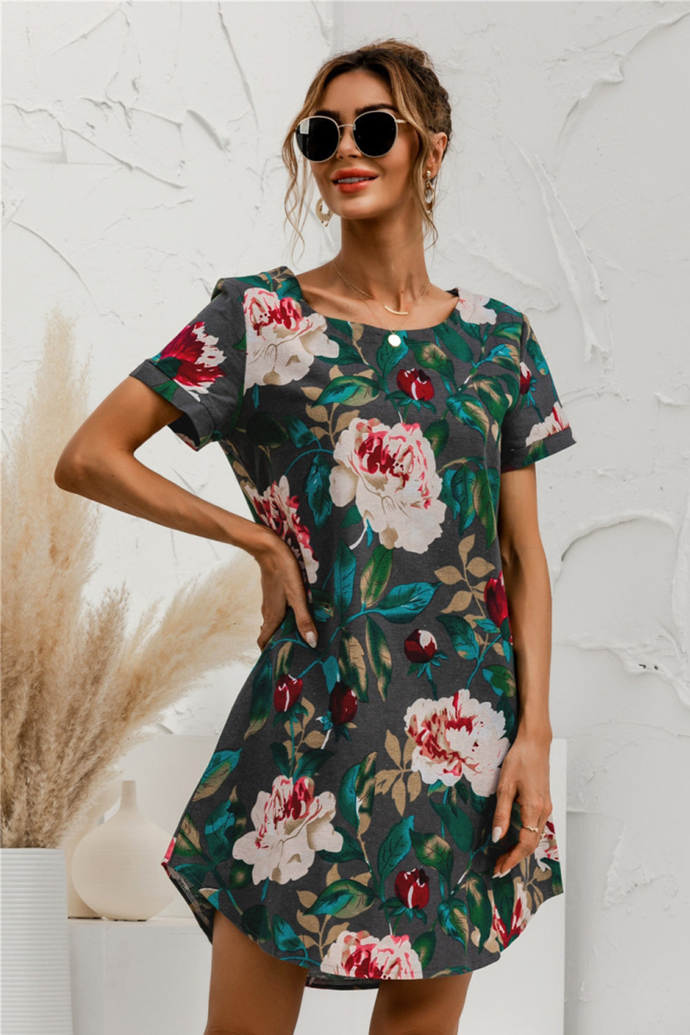 Round Neck Flower Print Dress - Fashionpara