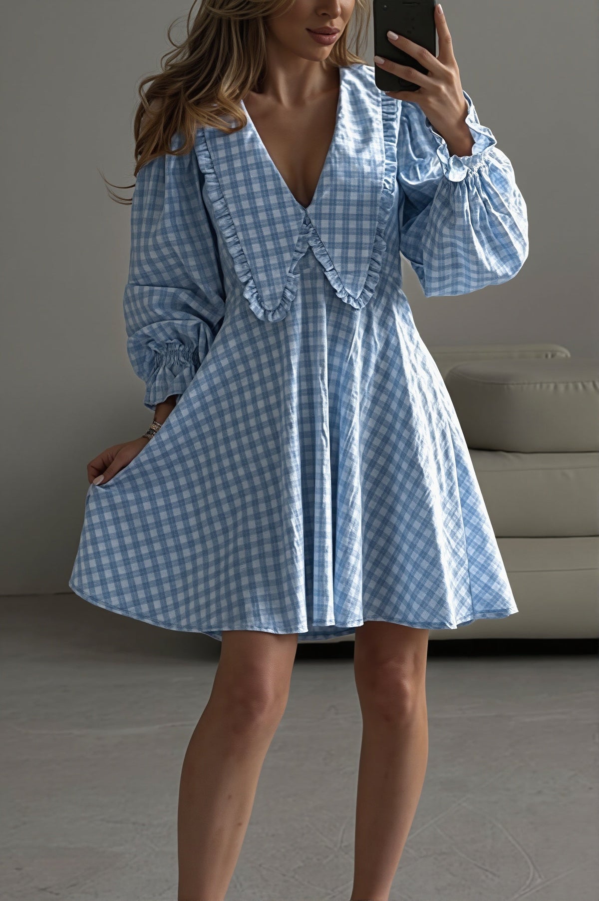 Gingham Oversized Collar Puff Sleeve Mini Dress 4