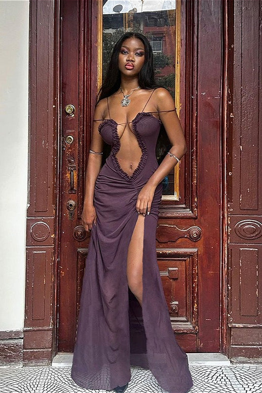 Printed Plunge Halter Neck Cutout Slip Maxi Dress 4