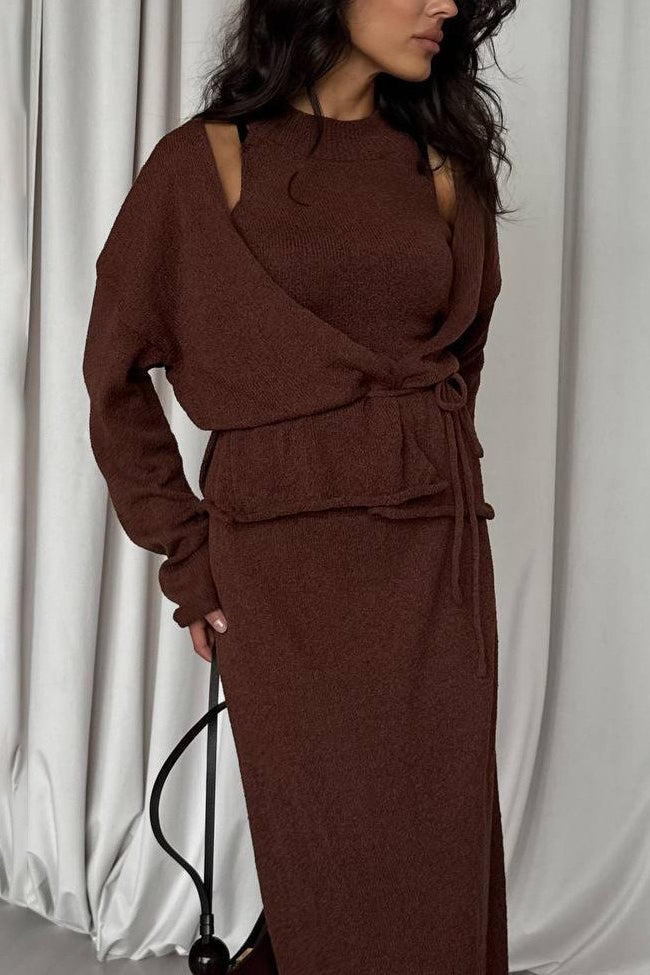 Chic Knit Vest & Bodycon Skirt with Belt Three Piece Set