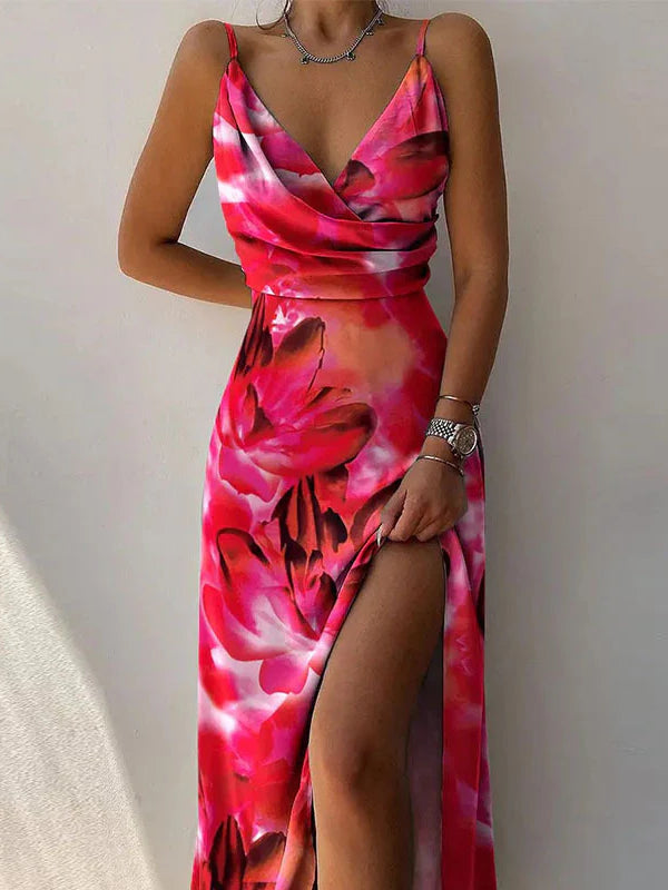 V-Neck Floral Print Split Strap Party Dress - Fashionpara