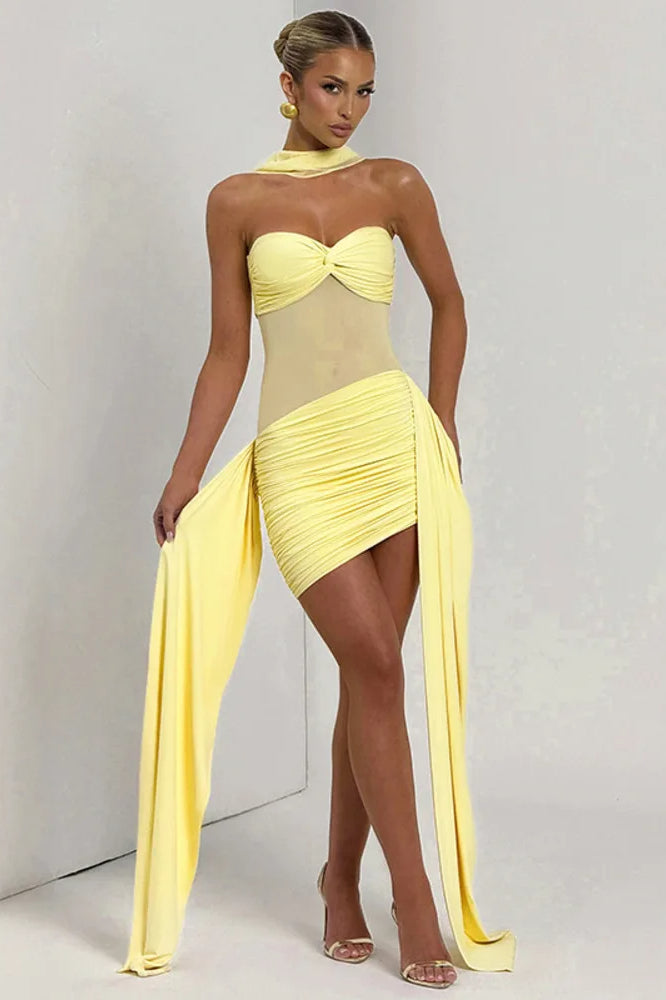Strapless Ruched Cut-Out Mesh Maxi Dress