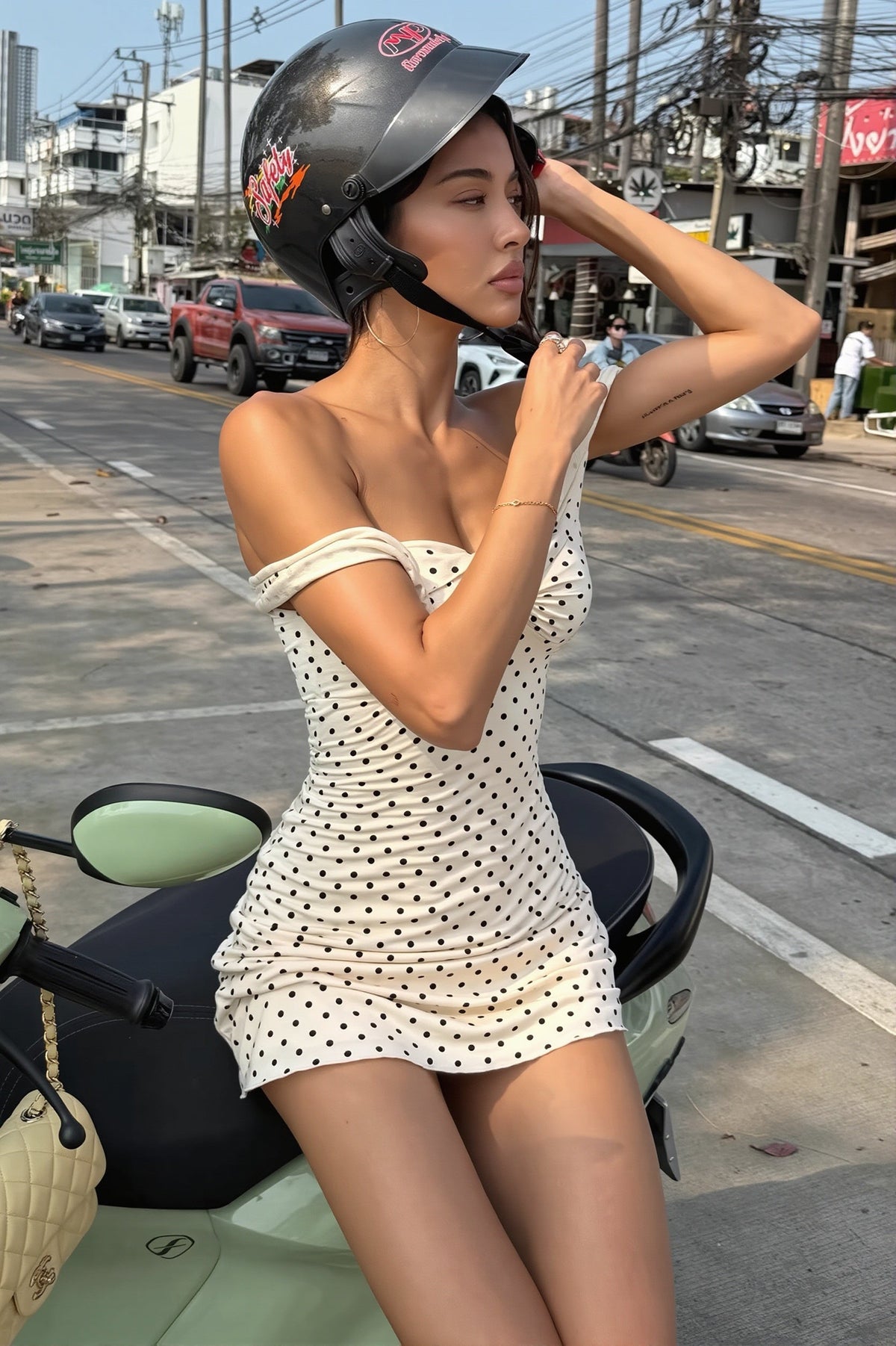 Polka Dot Off Shoulder Twist Front Bodycon Mini Dress 2
