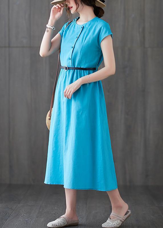 Round Neck Cap Sleeve Asymmetric Button Belted A-Line Midi Dress - View 4