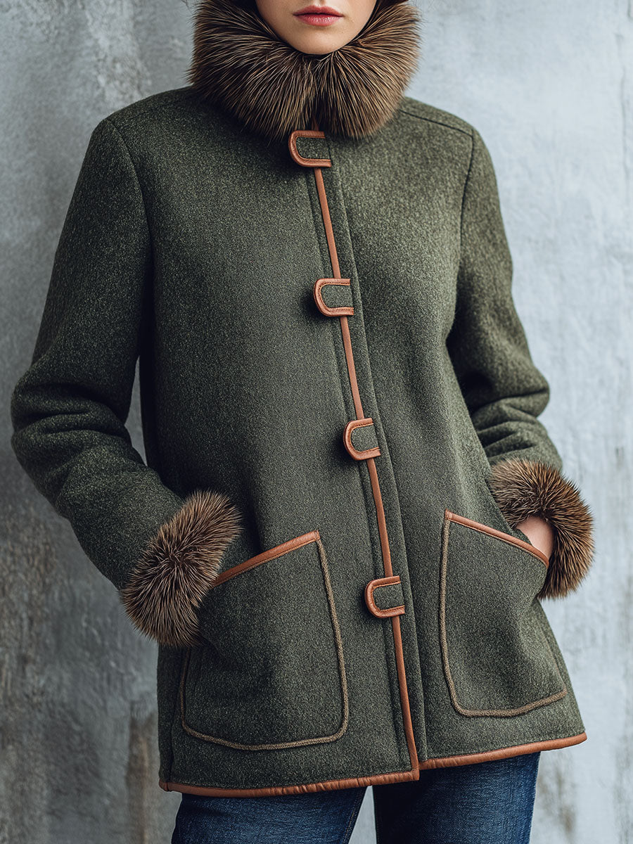 Vintage Wool-Blend Mid-Length Coat With Eco Fur Collar And Cuffs - Fashionpara