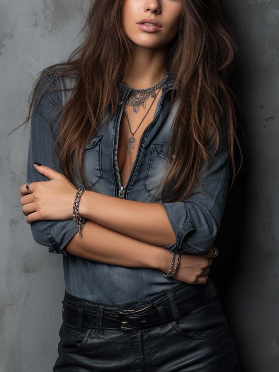 Steel-Fade Washed Denim Zip-Front Shirt - Fashionpara