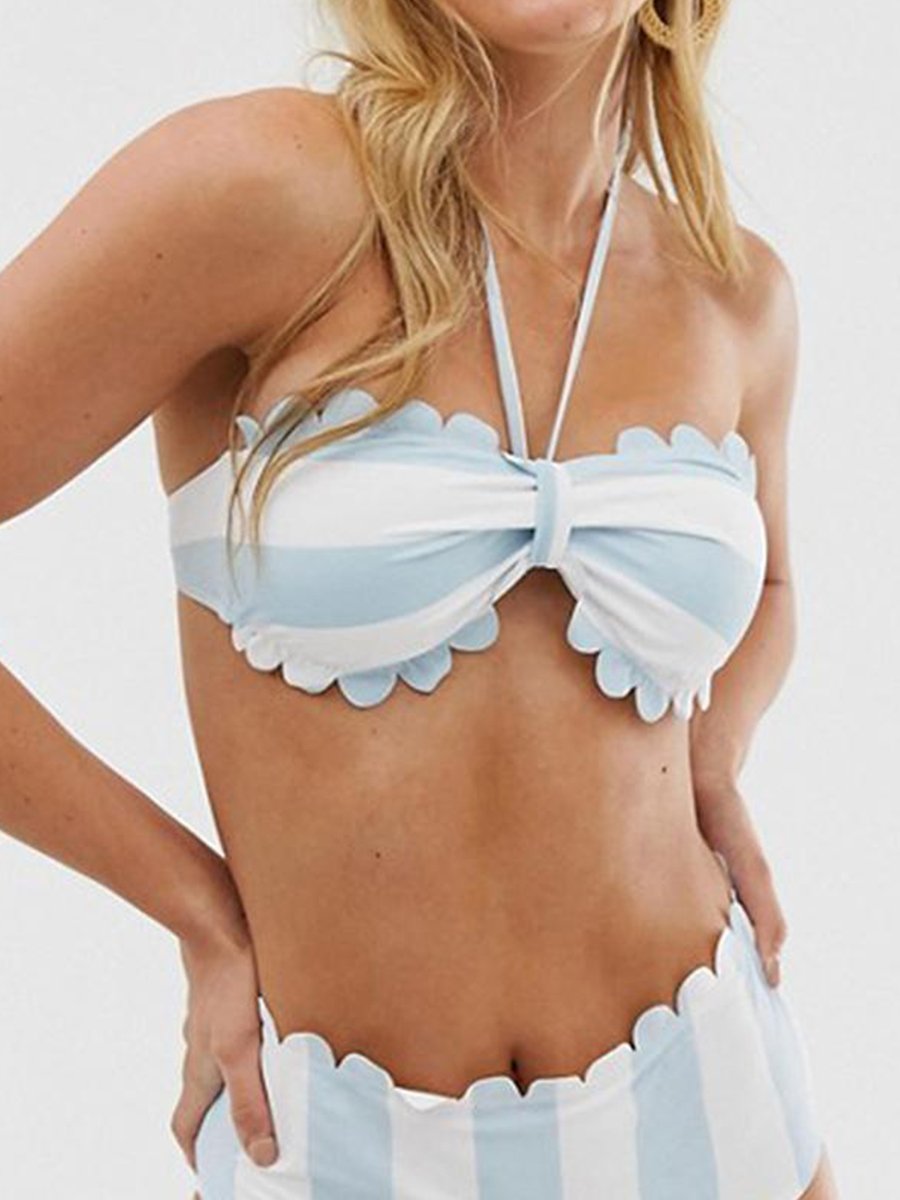 Glamorous Striped Halter Lace Bikini Swimsuit - Fashionpara