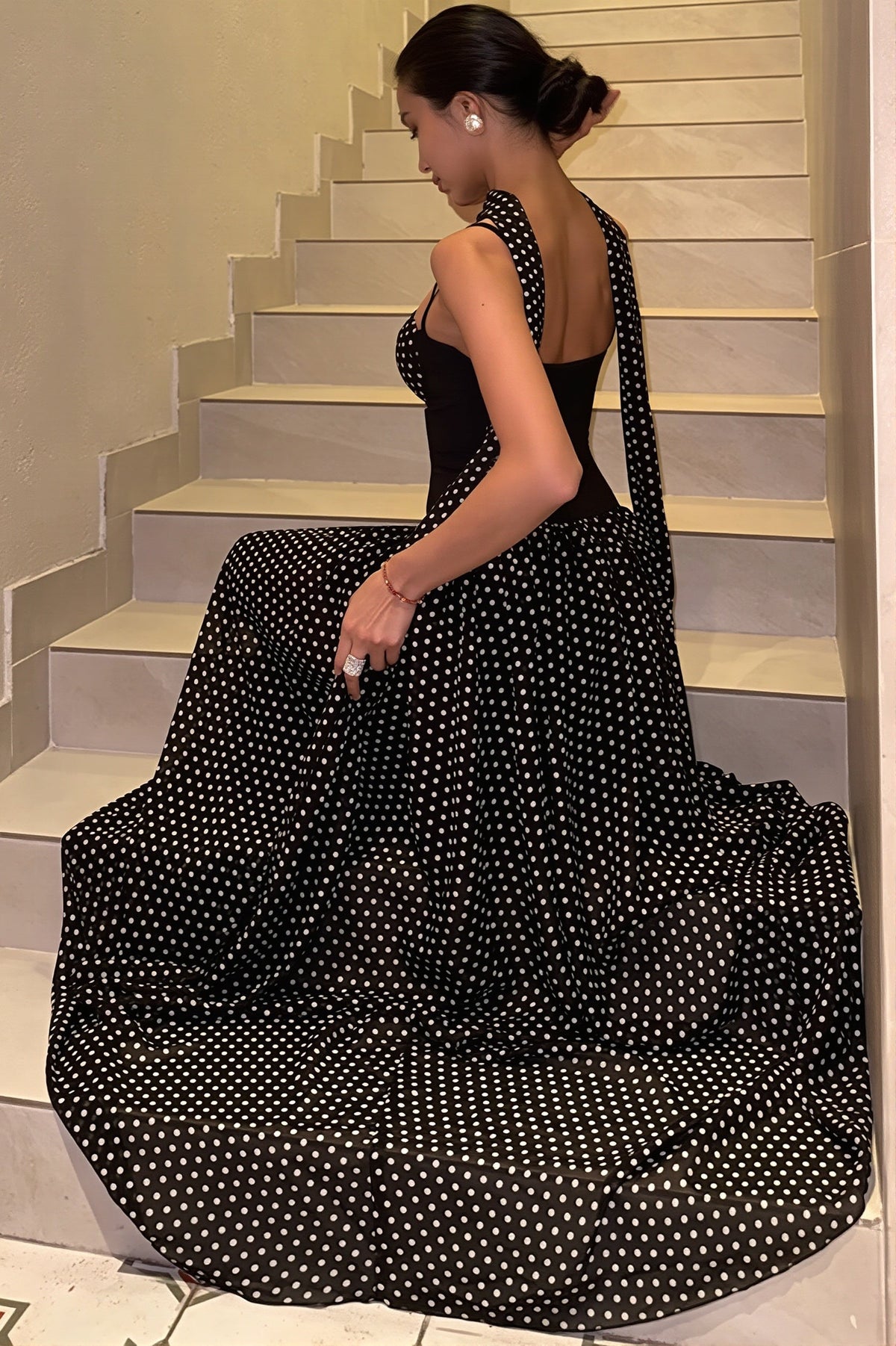 Polka Dot Spaghetti Strap Bustier Sheer Maxi Dress 3