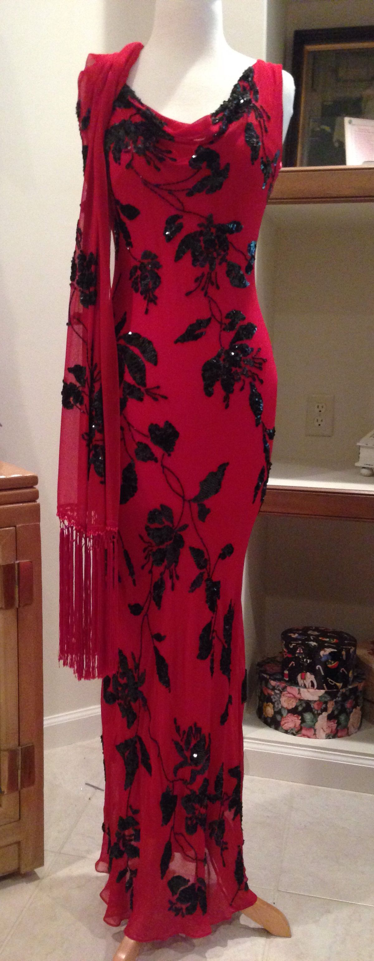 Pretty Red ChiffonSequin Beaded Mermaid Long Party Dress Evening Gown With Ribbon D1678