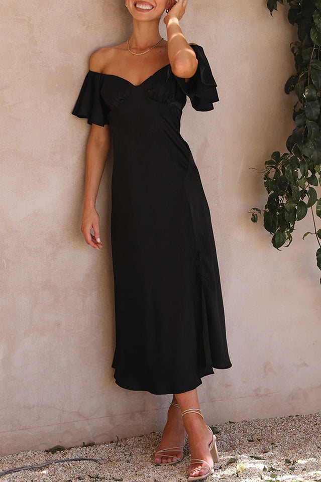 Satin Off Shoulder Puff Sleeve High Split Midi Dress 12