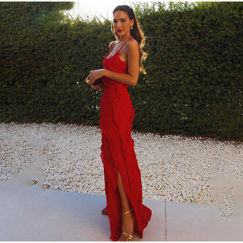 Spaghetti Strap Deep V-Neck Diagonal Tiered Ruffle Maxi Gown - View 4