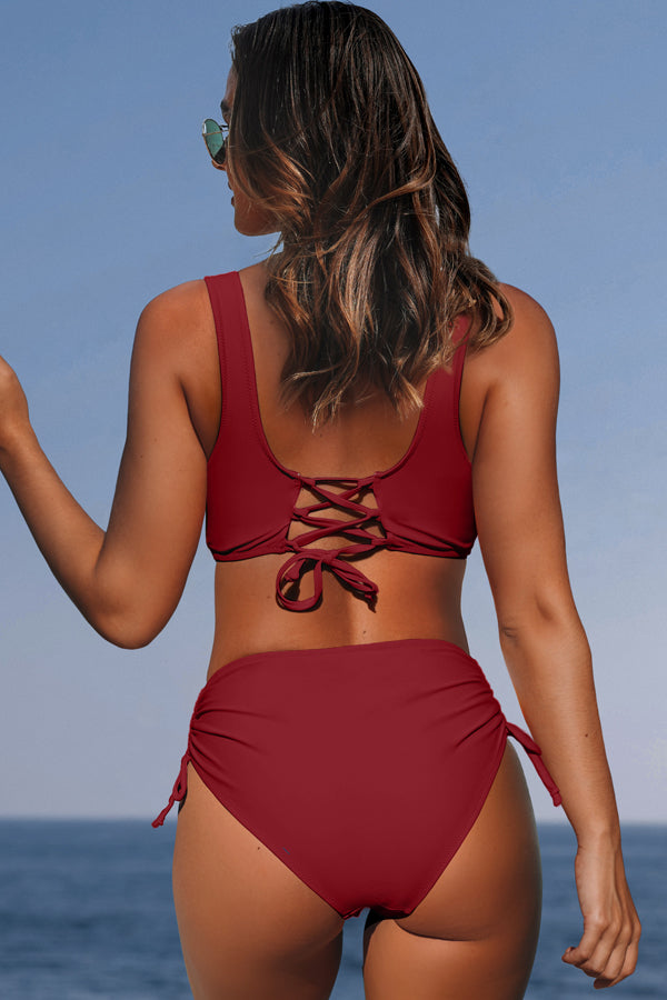 Twist Front Drawstring Side High Waisted Bikini Set