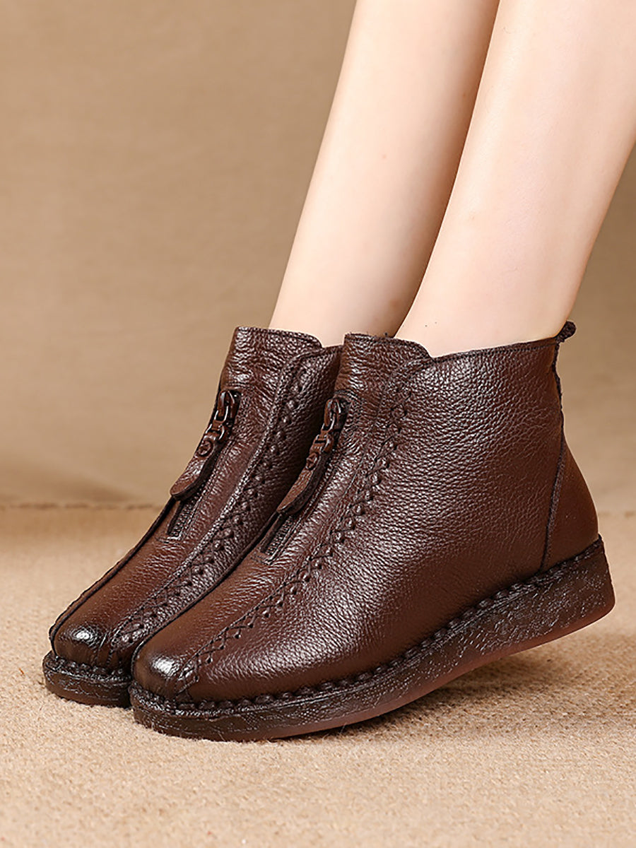 Winter Vintage Leather Fleece-lined Low Heel Boots