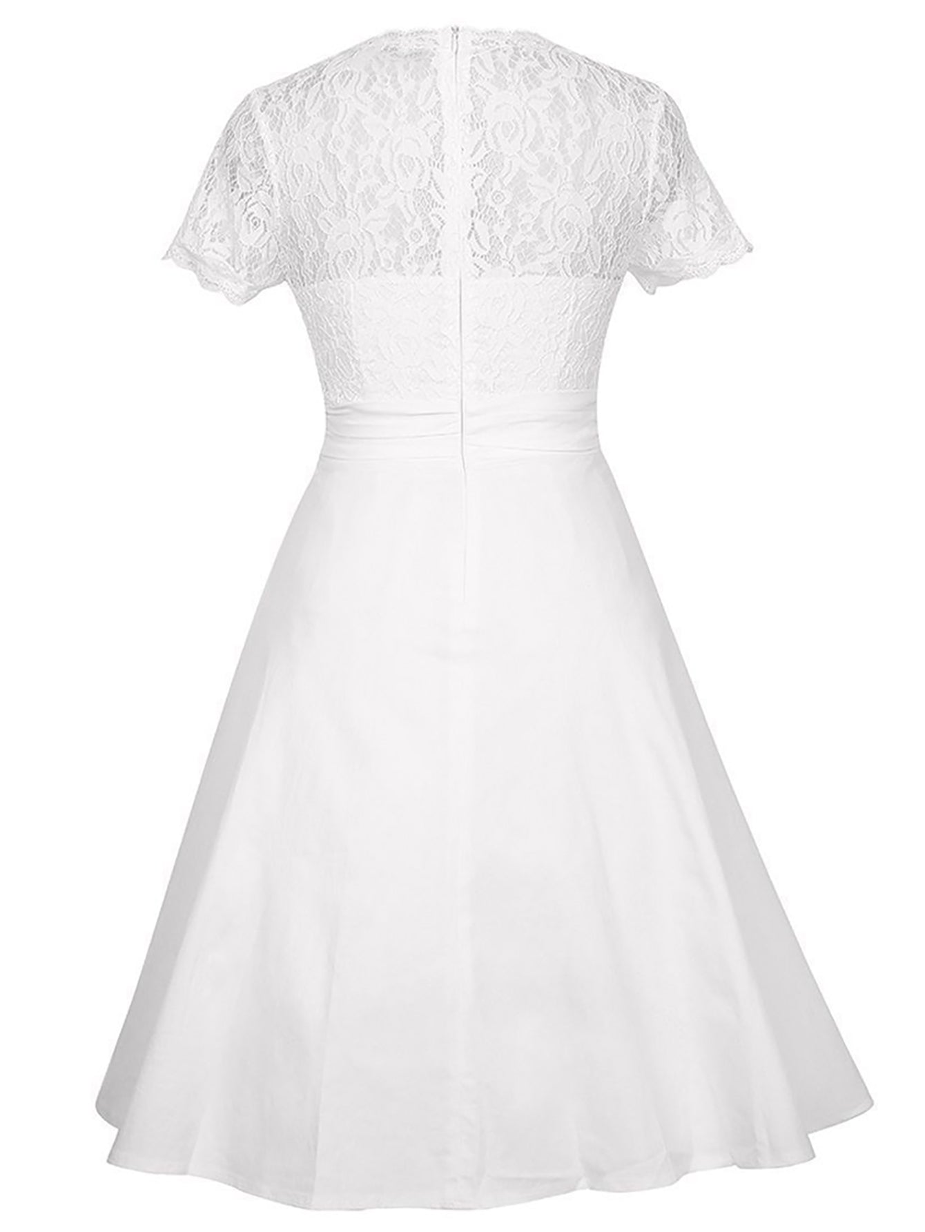 White V Neck Lace Panel Sexy Midi Graduation Dress - Fashionpara